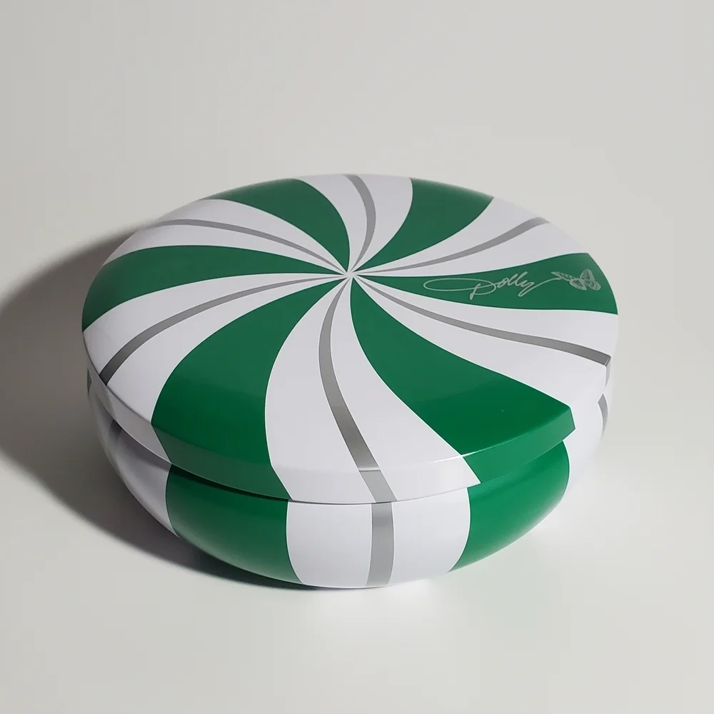 DOLLY PARTON Candy Cane Tin Candle Green & White Swirl 10 oz. Reusable Holiday